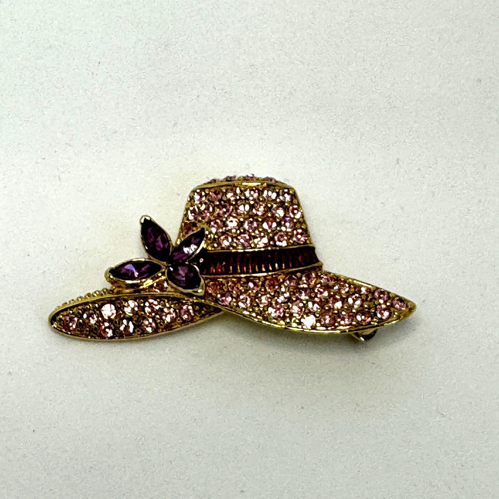 Vintage Monet Purple Pink Rhinestone Hat Brooch Pin Gold Tone Signed